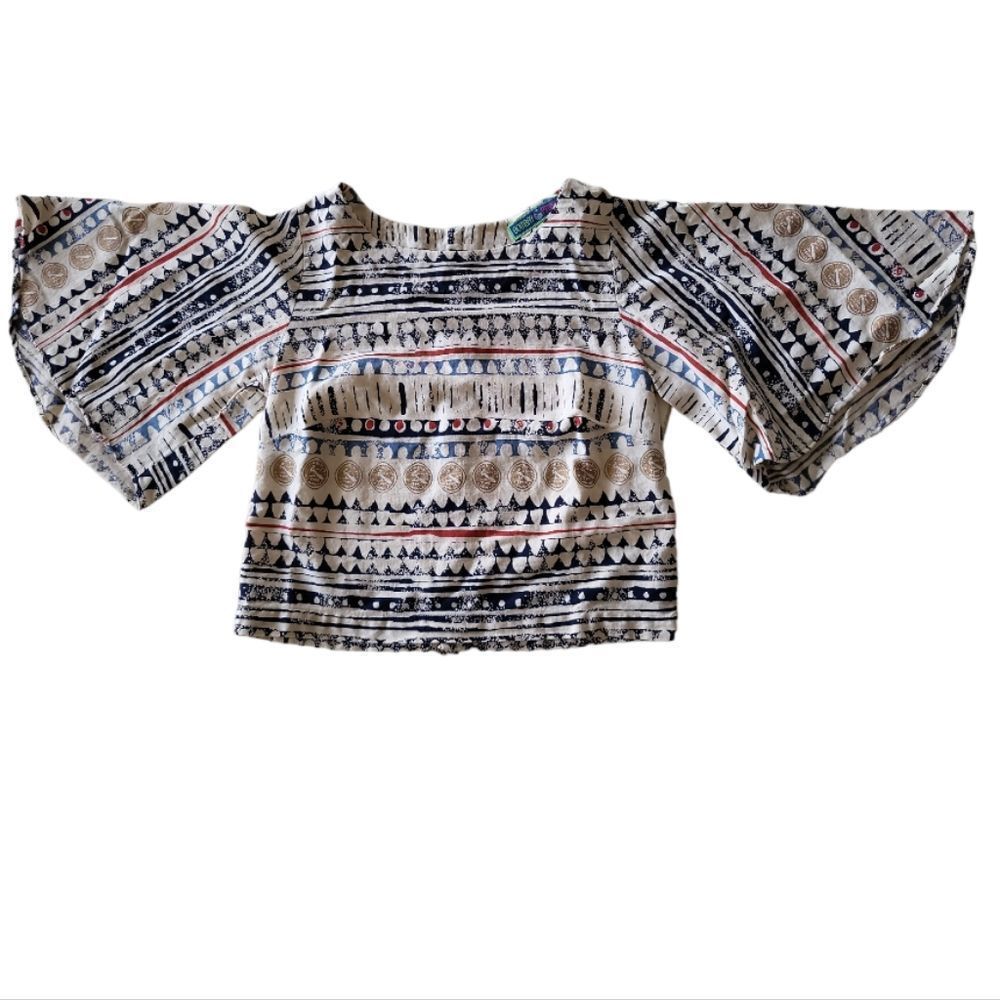 BOMBAY PAISLEY Beige Button Back Crop Top Geometric Bell-Sleeve Size XS‎